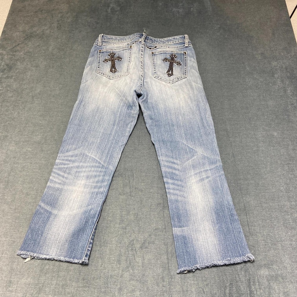 Wrangler Rock 47 Jeans Womens 9/10x36 Blue Denim Stretch Beaded Low Rise Frayed